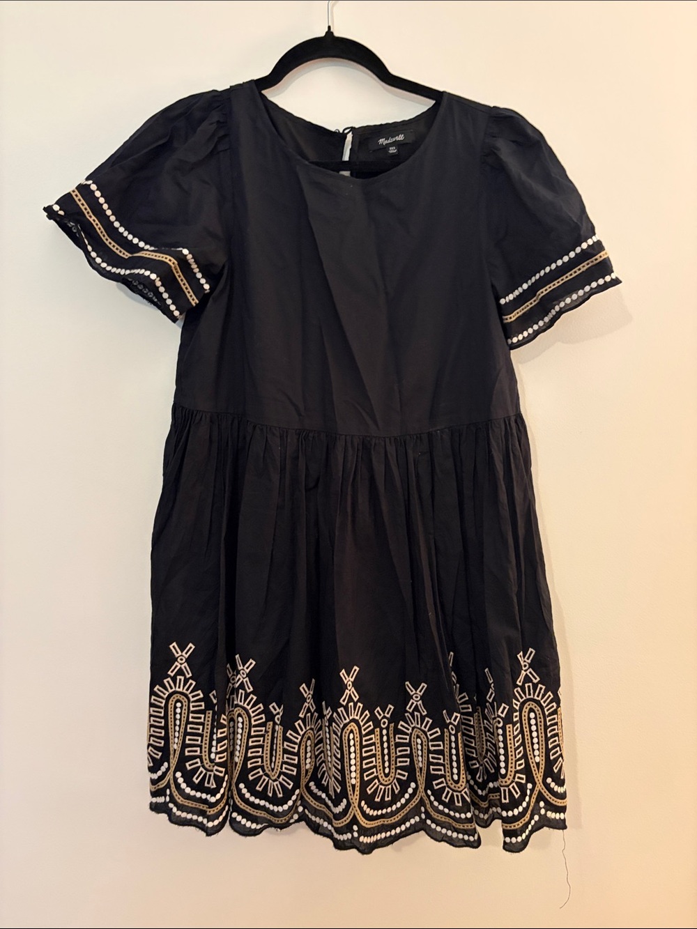 Madewell Black Dress with Cream Embroidery